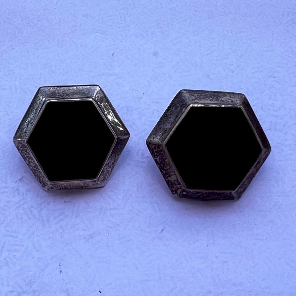 Taxco Mexico Earrings 925 Sterling Silver Vintage Black Onyx Clip On hectagon